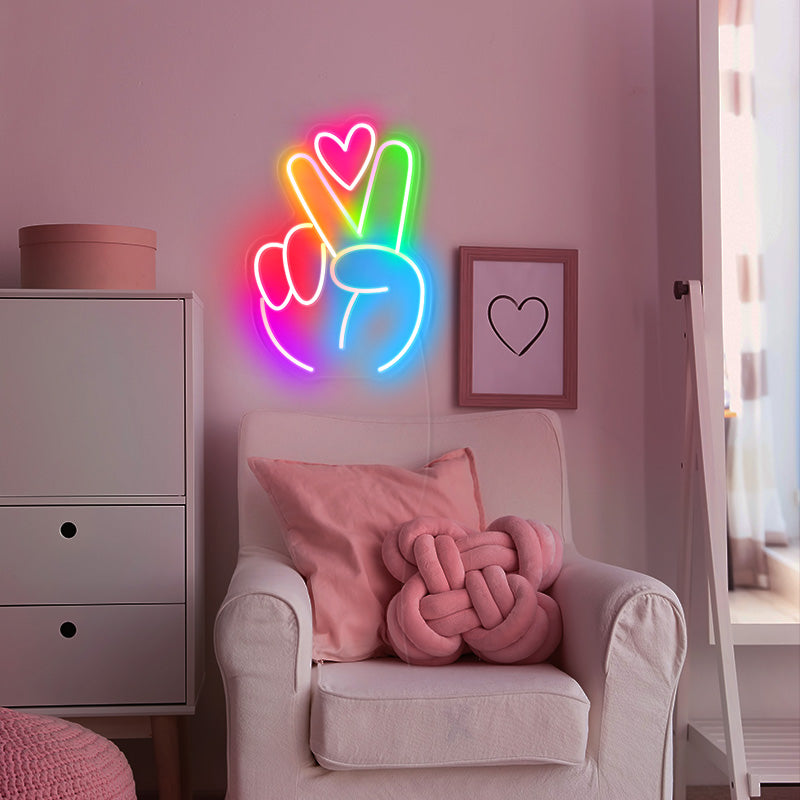 Peace gesture & heart neon light