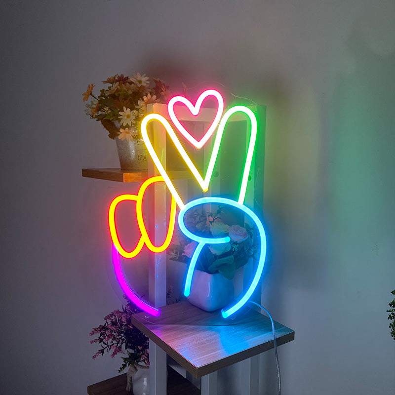 Peace gesture & heart neon light