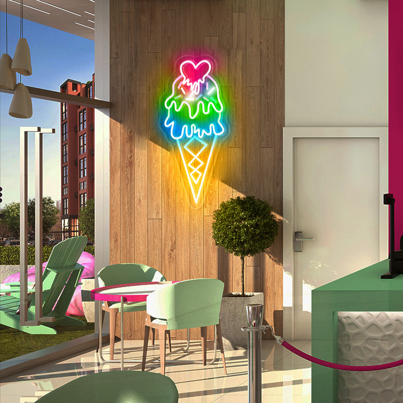 Rainbow ice cream cone with heart neon sign