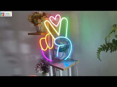 Peace gesture & heart neon light